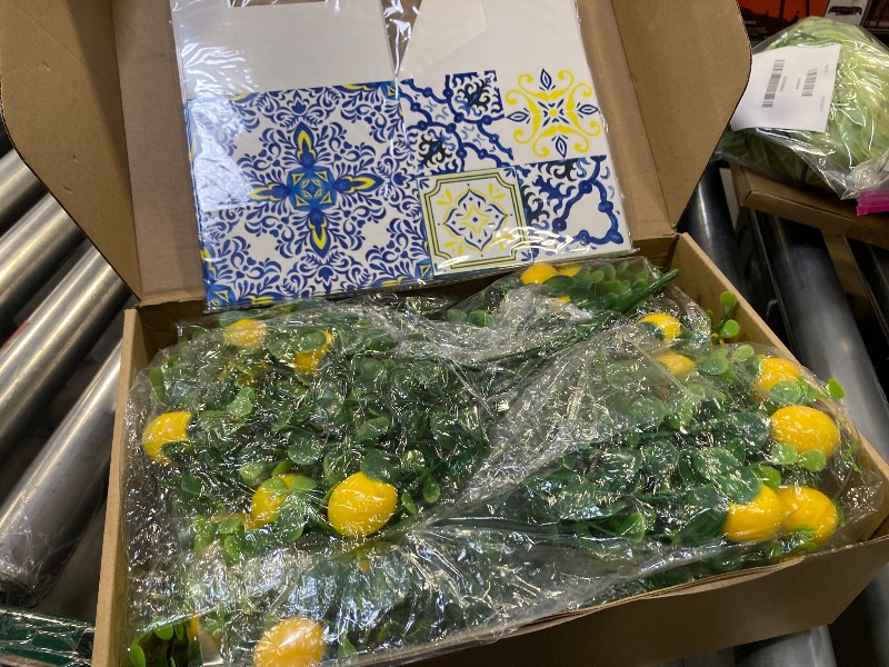 Photo 1 of Giegxin Blue Tiles Lemon Table Centerpiece Decor Amalfi Coast Paper Box Decorations with Artificial Lemon Branches for Capri Mediterranean Positano Wedding Birthday Party Decor(4 Sets)