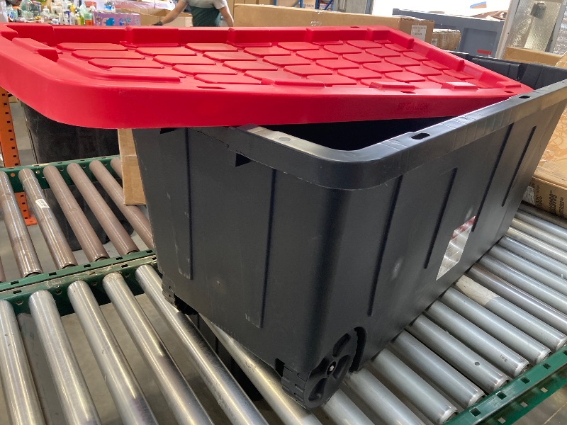 Photo 1 of Hyper Tough 50 Gallon Snap Lid Wheeled Plastic Storage Bin Container Black with Red Lid
