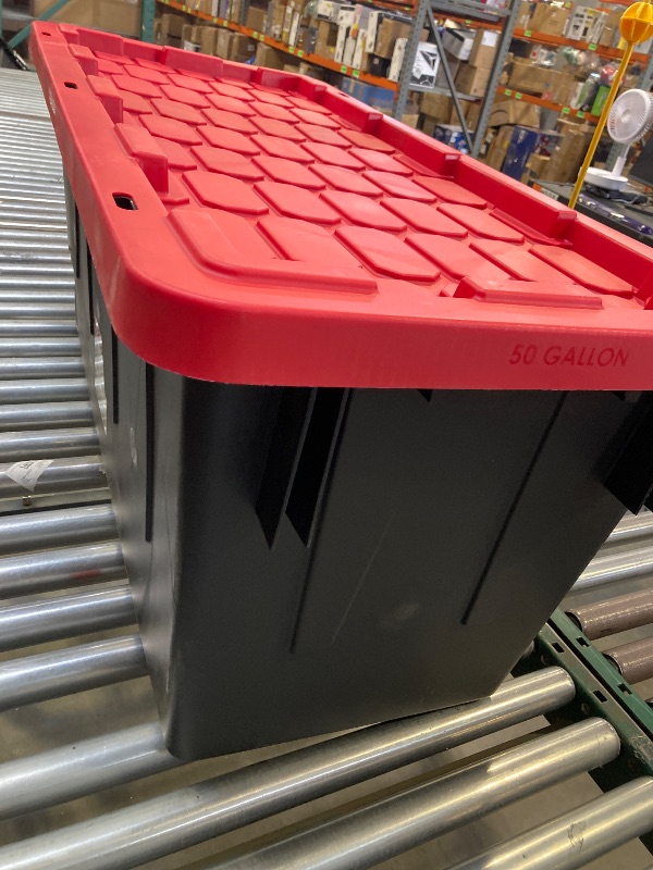 Photo 1 of Hyper Tough 50 Gallon Snap Lid Wheeled Plastic Storage Bin Container Black with Red Lid
