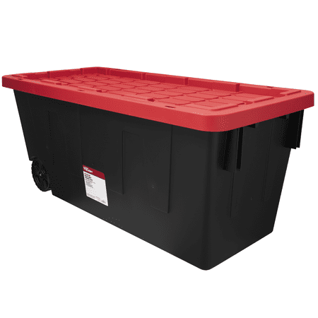 Photo 1 of Hyper Tough 50 Gallon Snap Lid Wheeled Plastic Storage Bin Container Black with Red Lid