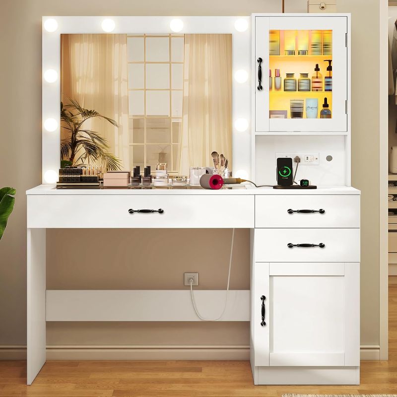 Photo 1 of Desk, Makeup Vanity with Lights, Large Mirror Vanity with 3 Drawers and 2 Cabinets, Vanity Table Set with Power Outlet and Glass Tabletop, for Bedroom, White