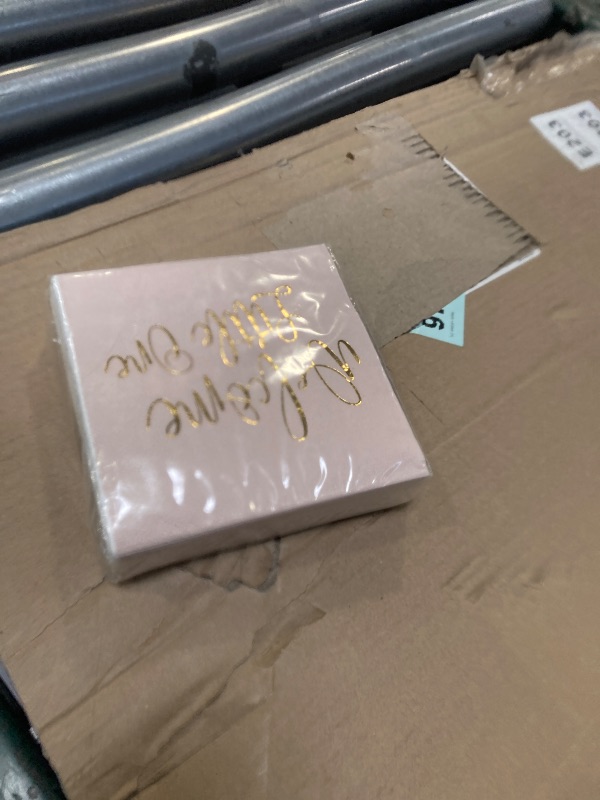 Photo 1 of 50 Pack Pink Baby Shower Napkins – “Welcome Little One” Light Tan Napkins with Gold Foil for Baby Shower Decorations (5x5 In)