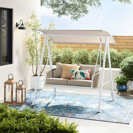 Photo 1 of Mainstays Lawson Ridge 2-Seat Steel Outdoor Freestanding Porch Swing with Canopy and Cushions Tan
