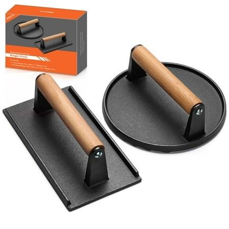 Photo 1 of Mibote 7 Round 8.2 X 4.3 Rectangle Cast Iron Grill Press with Wooden Handle (2 Count)