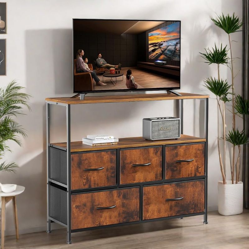 Photo 1 of TV Stand for 45 in Television, Modern Entertainment Center with Fabric Storage, Tower Storage Cabinet Dresser & Chest of 5 Drawers Organizer for Bedroom Living Room Black/TV5BC

