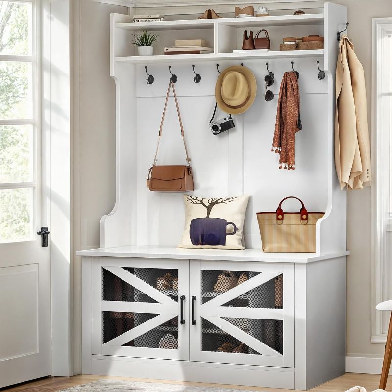 Photo 1 of Wide Hall Tree with Shoe Storage, Farmhouse Entryway Bench with Coat Rack