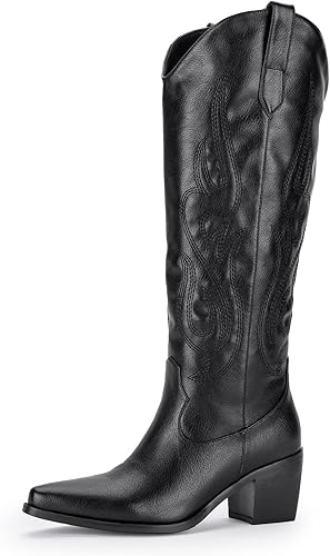 Photo 1 of Pasuot Western Cowboy Boots for Women - Knee High Wide Calf Cowgirl Boots with Classic Embroidered, Slip On Pointed Toe Chunky Heel Fashion Retro Classic Pull On Tall Boot for Girls Ladies Fall Winter
