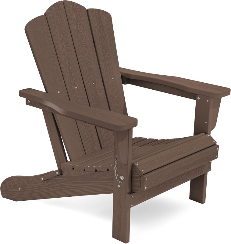 Photo 1 of KINGYES Folding Adirondack Chair, HDPE All-Weather Patio Chairs, Wooden Textured Lawn Chair for Poolside, Backyard, Deck, Fire Pit, Brown
