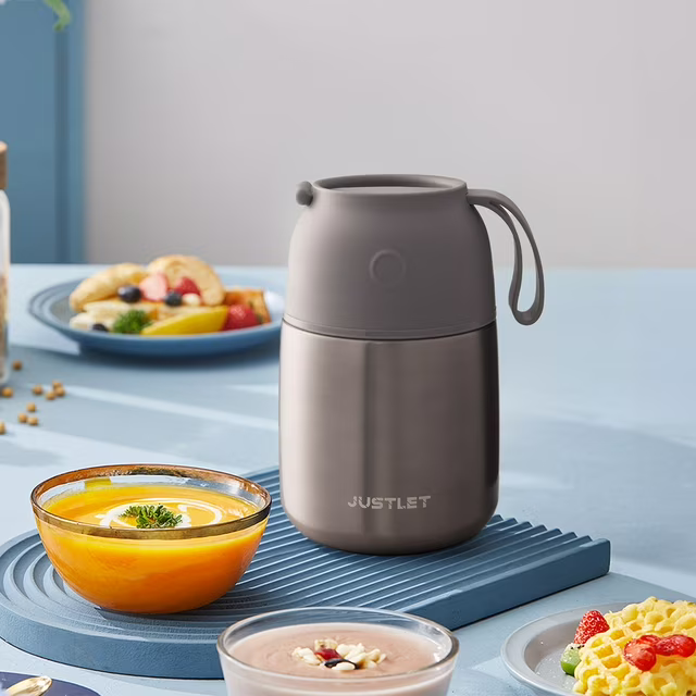 Photo 1 of JUSTLET 17 oz Insulated Stainless Steel Food Jar, Thermos W/ Folding Spoon and Cup, Gray