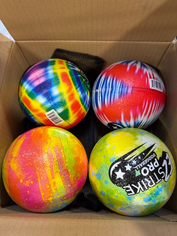 Photo 1 of EZ Strike Dodgeball, Foam Playground Ball- Soft Skin, Various Patterns, Kids 6" Foam Balls, Kick Ball, Hand Ball for Outdoor& Indoor with Mesh Storage Bag Set of 4 Pack-4 Colors