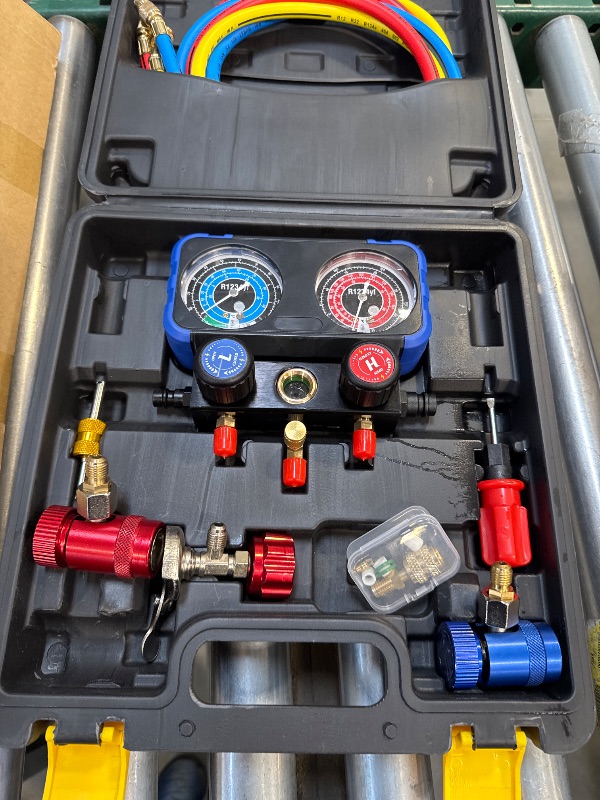 Photo 1 of CALPOSE R1234yf AC Gauge, 3 Way AC Manifold Gauge Set for R1234yf Refrigerant, Refrigerant Gauges with 5FT Hoses?R410a Adapter, Puncturing Can Tap, Anti-Collision Dials Provide More Accurate Reading