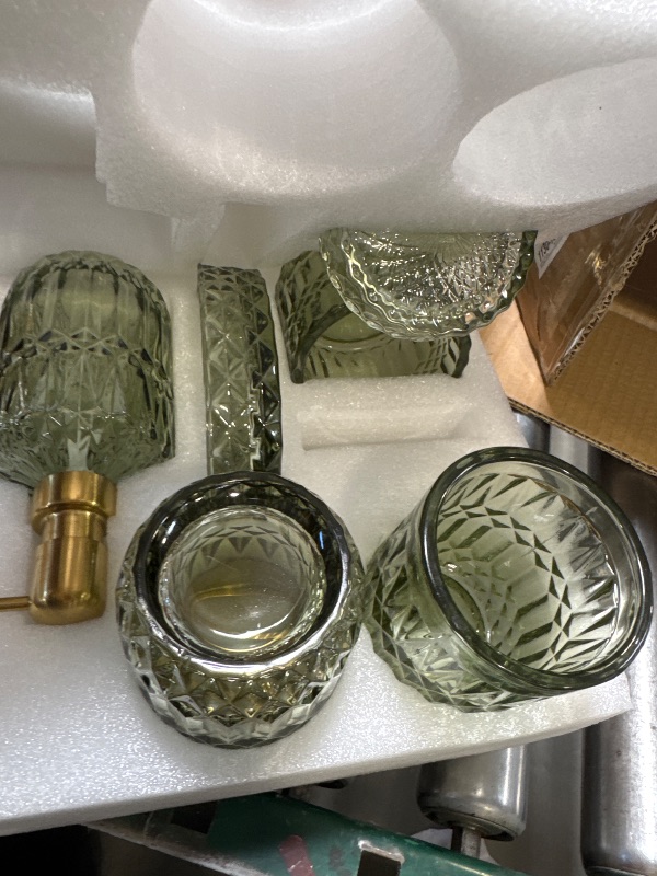 Photo 1 of EMPO 6PCS Bathroom Clear Glass Accessories Set (Lotion Soap Dispenser, Soap Dish, Toothbrush Holder, Tumbler, Cotton Swab Jar), Contemporary Modern Decor Crystal Vintage Gift (6pcs Green)