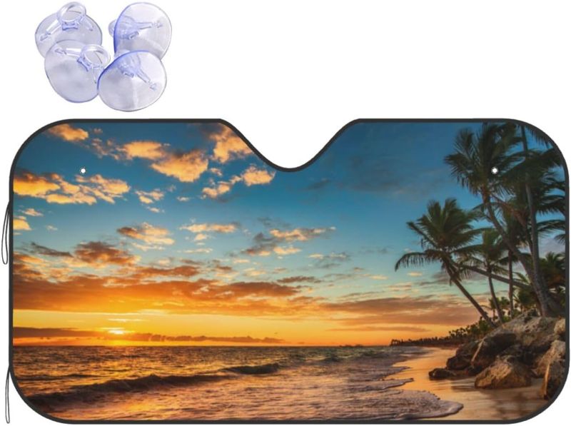 Photo 1 of Beach Palm Tree Hawaii Tropical Seaside Summer Sunrise Windshield Sun Shade Front Protector Folding Car Sun Visor Blocks Uv Rays Keeps Your Vehicle Cool