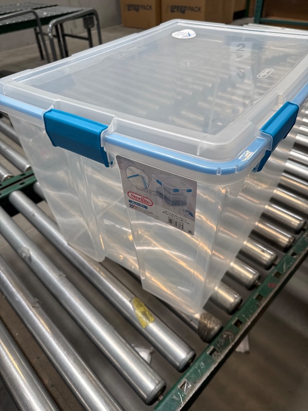 Photo 1 of Sterilite 80 Qt Gasket Box, Stackable Storage Bin with Latching Lid and Tight Seal, Plastic Container to Organize Basement, Clear Base and Lid, 1-Pack