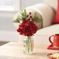 Photo 1 of Mainstays 11.5" Decorative Tabletop Artificial Christmas Red Floral Hydrangea in Clear Ribbed Glass Vase