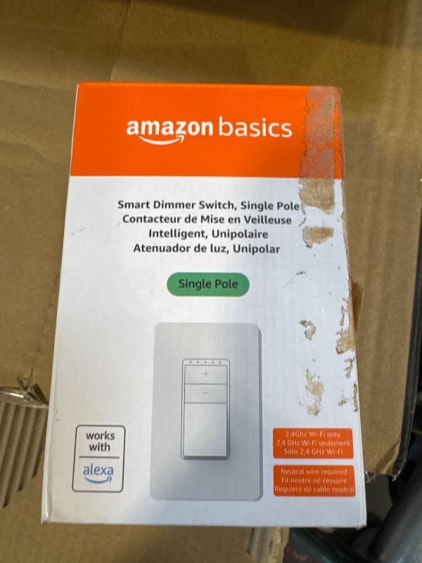 Photo 1 of Amazon Basics Smart Dimmer Switch, Single Pole, Works with Alexa Only, 2.4 GHz Wi-Fi, No Hub Required, White