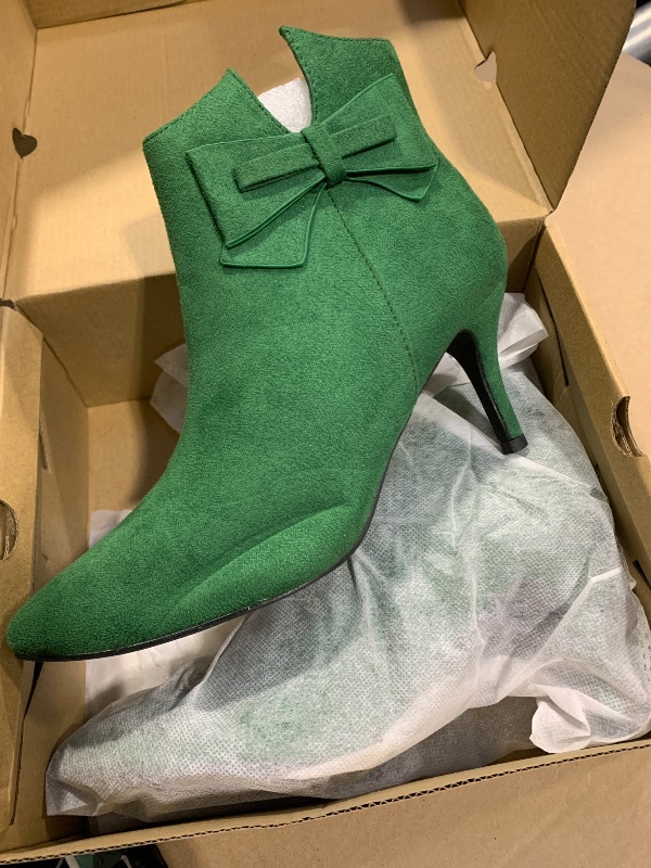 Photo 1 of 8    Ermonn Womens Pointed Toe Ankle Boots Stiletto Heels Side Zipper Bow Faux Suede Booties Wedding Dress Shoes