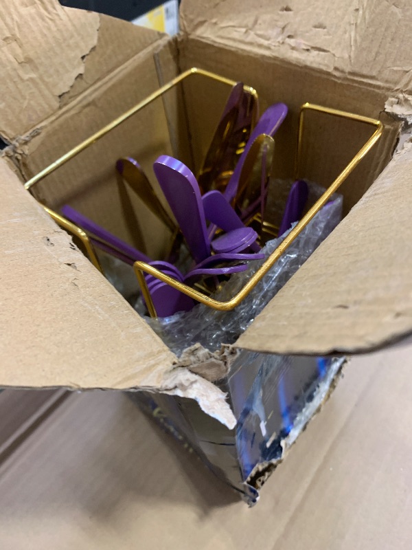 Photo 1 of   Flatware Set, Stainless Steel Cutlery Set with Silverware Holder, Modern Gold Silverware Set Includes Dinner Knives Forks Spoons,Hanging Silverware Set Service for 6 (Purple)