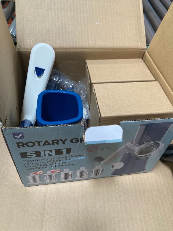 Photo 1 of Cambom Rotary Cheese Grater Hand Crank Cheese Shredder for Fresh Cheese, Vegetable, Nuts, Non-slip Suction Base,Five Blades, Deep Blue