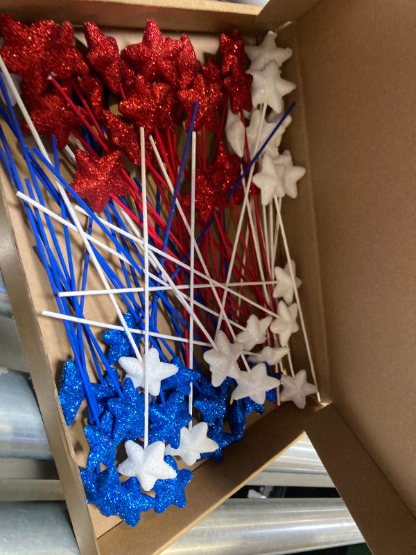 Photo 1 of Suzil 30Pcs 4 of July Patriotic Star Floral Picks 8'' Glitter Table Centerpiece Decor Foam Stem Sticks for Tree Wreath Crafts Wedding Bridal Moon Star Baby Shower Birthday Arrangement