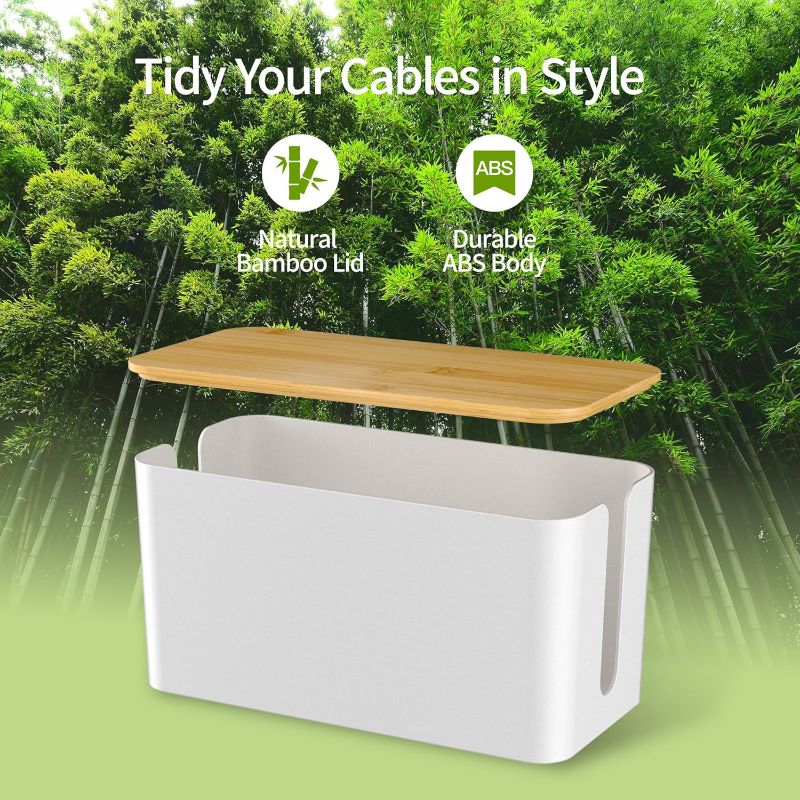 Photo 1 of YECAYE 1pc Cable Management Box, Wooden Lid & Plastic Body, Medium and Small Cord Organizer Box – Power Strip Cord Organizer, Cable Hider for Home & Office– Baby Proofing