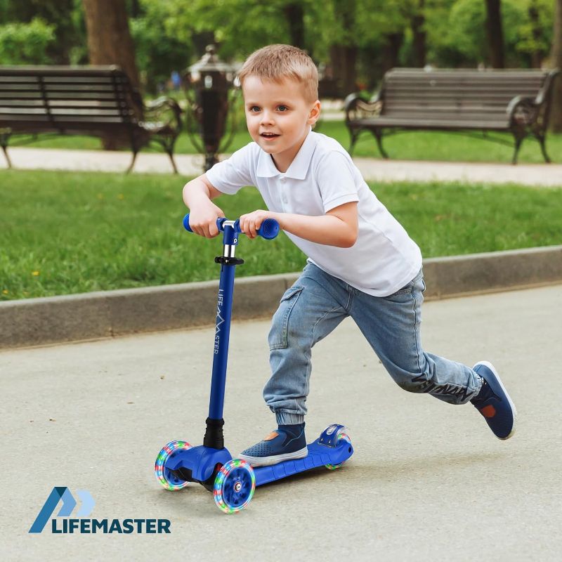 Photo 1 of Lifemaster Kids Scooter – Children and Toddler 3 Wheel Kick Scooter – LED Wheel Lights Illuminate When Rolling– Adjustable Handlebar – Indoor and Outdoor Blue