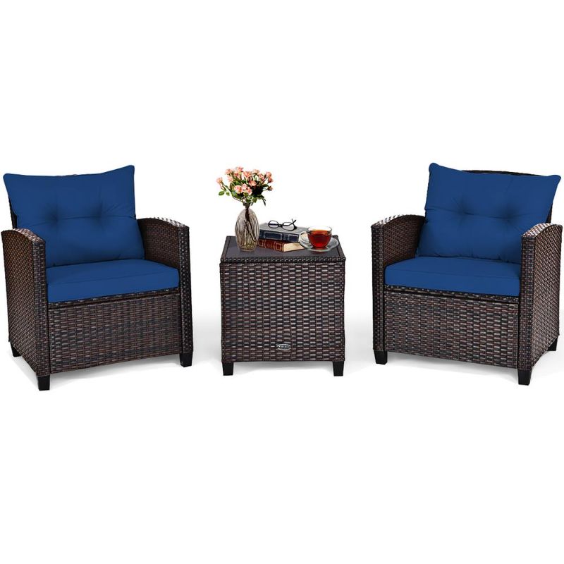 Photo 1 of Costway 3PCS Patio Rattan Furniture Set Cushioned Conversation Set Coffee Table Navy
