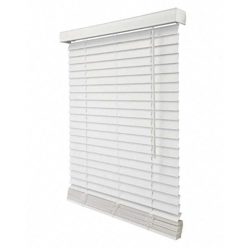Photo 1 of Basic Collection Pre-Cut White Cordless Room Darkening Faux Wood Blind with 2 in. Slats 58 in. W X 36 in. L