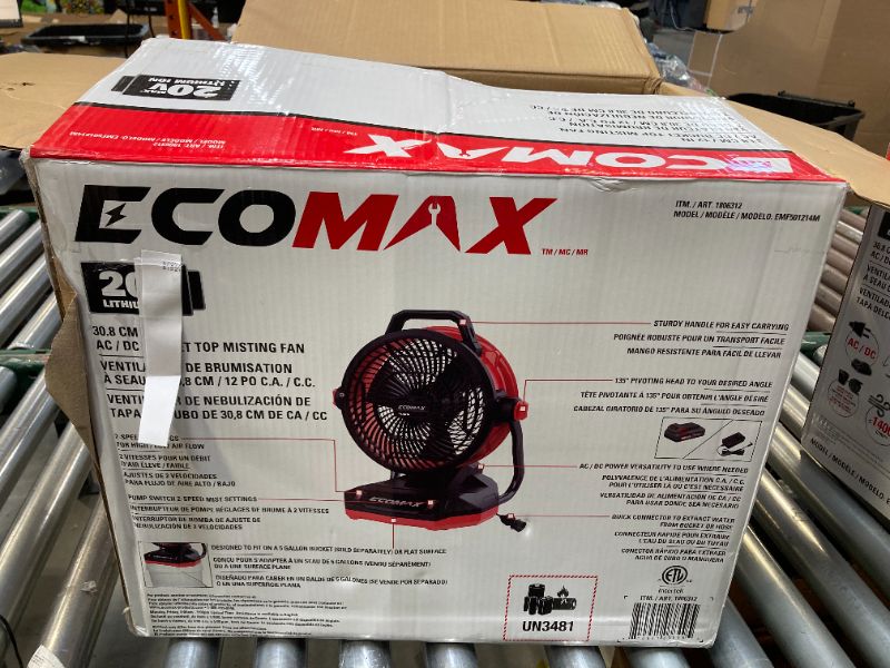 Photo 1 of ECOMAX 12-Inch AC/DC Bucket Top Misting Fan, 20V Lithium-Ion, 2-Speed with 135° Pivot Head, 2Ah Battery