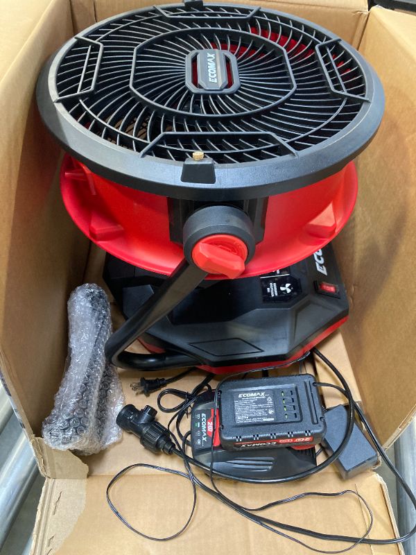 Photo 1 of ECOMAX 12-Inch AC/DC Bucket Top Misting Fan, 20V Lithium-Ion, 2-Speed with 135° Pivot Head, 2Ah Battery
