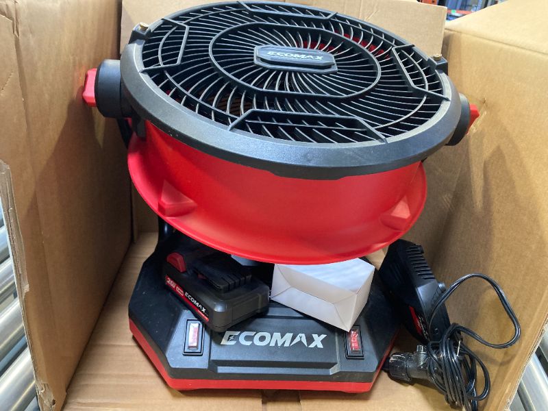 Photo 1 of ECOMAX 12-Inch AC/DC Bucket Top Misting Fan, 20V Lithium-Ion, 2-Speed with 135° Pivot Head, 2Ah Battery