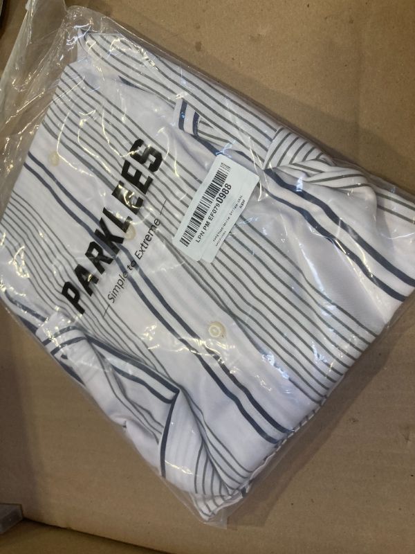 Photo 1 of 2XL--PARKLEES Men's Cotton Linen Retro Stripe Pattern Printed Long Sleeve Button up Shirt Sky Blue XXX-Large