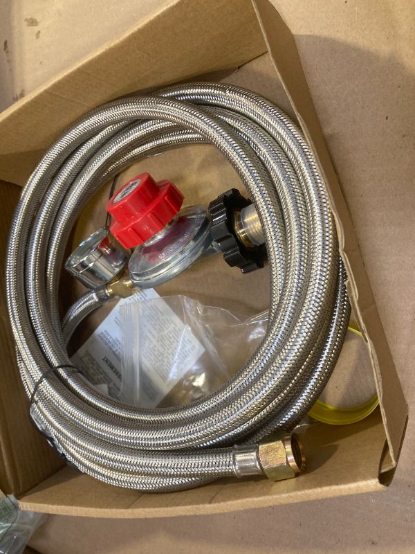 Photo 1 of 12FT High Pressure Propane Regulator with Hose, Adjustable 0-30 PSI Regulator with Gauge, Stainless Steel Braided Hose, Connect 5-100LB POL Propane Tank to Fire Pit Burner Heater Fryer Smoker Griddle