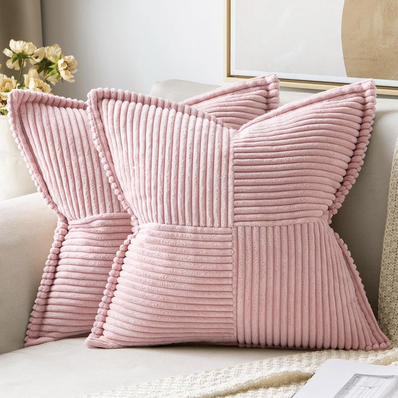 Photo 1 of MIULEE Brown Corduroy Pillow Covers 20x20 Inch with Splicing Set of 2 Soft Boho Striped Pillow Covers Broadside Decorative Textured Pillowcases for Couch Cushion Bed Livingroom