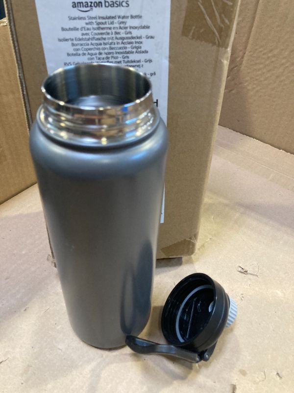 Photo 1 of Amazon Basics Large Stainless Steel Insulated Water Bottle, Spout Lid, 30.1 ounces, Gray