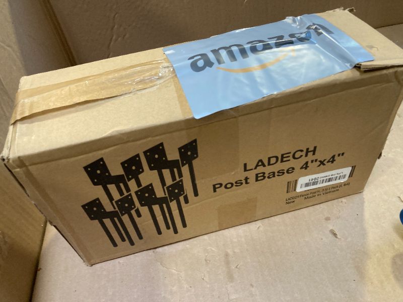 Photo 1 of LADECH Fence Post Holder Ground Spike Use for Concrete Deck - Post Base Anchor Metal Black Powder Coated 4 Inches x 4 Inches (Inner Dia 3.5x3.5) 4 Pack
