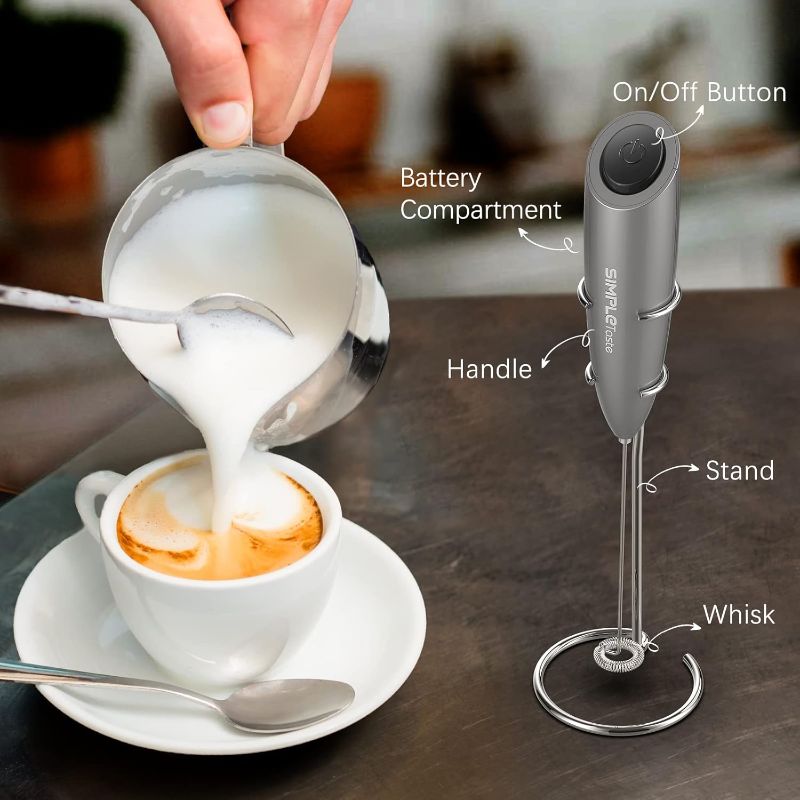 Photo 1 of SIMPLETaste Milk Frother Handheld Battery Operated Electric Foam Maker, Drink Mixer with Stainless Steel Whisk and Stand for Cappuccino, Bulletproof Coffee, Latte