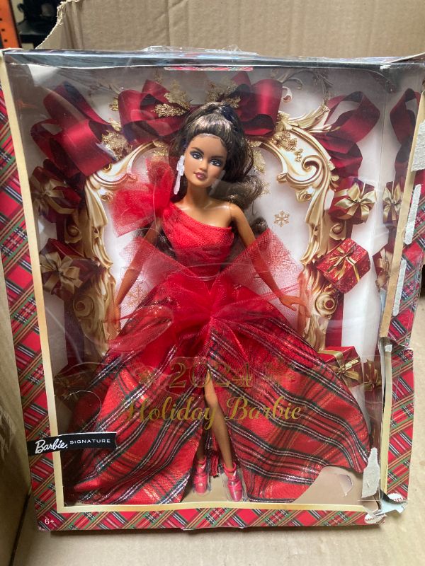 Photo 1 of Barbie Signature 2024 Holiday Doll with Light Brown Hair in Plaid Gown, Collectible Toy  