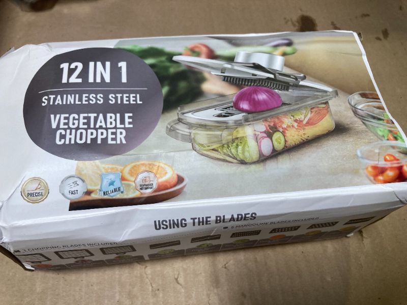 Photo 1 of 12-in-1 Vegetable Chopper, Mandoline Food Slicer for Kitchen, Cheese Grater, Veggie Chopper with Container, Vegetable Cutter for Onion, Salad and Fruit- Stainless Steel, Home Essential Tools