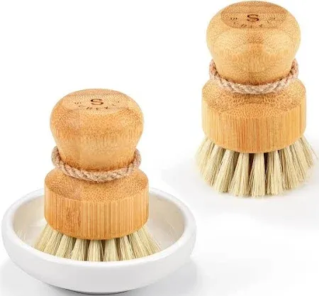 Photo 1 of Bamboo Dish Scrub Brushes by Subekyu, Kitchen Wooden Cleaning Scrubbers Set for Washing Cast Iron Pan/Pot, Natural Sisal Bristles, 