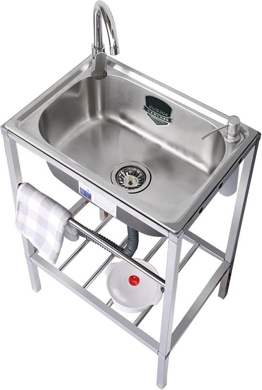 Photo 1 of Outdoor Garden Sink Single Trough For Washing, Small Stainless Steel Utility Kitchen Hand Basin Station Sink Tub with Storage Shelve and Faucet, for Restaurant, Bar, Laundry, Garage, Backyard(54*40*75
