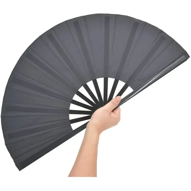 Photo 1 of   Large Folding Hand Fan Handheld Folding Fans Chinese Tai Chi Nylon Cloth Chinese Kung Fu Fan with Holder Sleeve for Men and Women Performance Dance Decorations Festival (Black)
