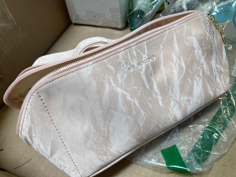 Photo 1 of Vlando Makeup Bag,Travel Makeup Bag Waterproof Portable Cosmetic Bag PU Leather Open Flat Make up Organizer for Toiletries,Christmas Gifts Birthday Gifts for Women Girls Travelers(Sand Pink)