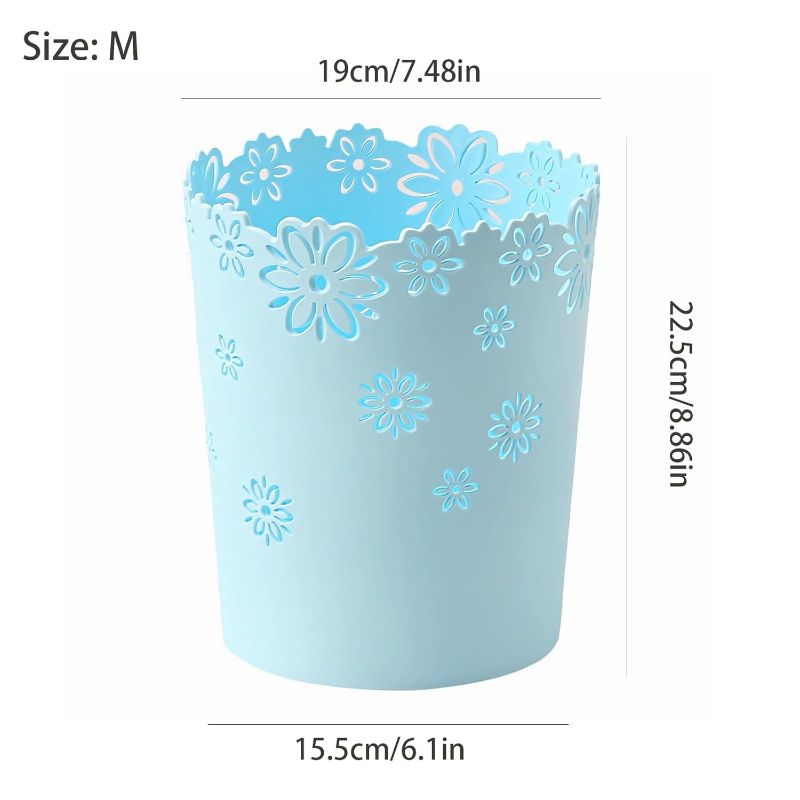 Photo 1 of YEMIANJU Mini Wastebasket Blue Trash Can 1.8 Gallons Garbage can for Bedroom Wastebasket Hollow Flower Shape Plastic Lidless Wastepaper Baskets Trash Can Bedroom Small Trash can (Blue, M)