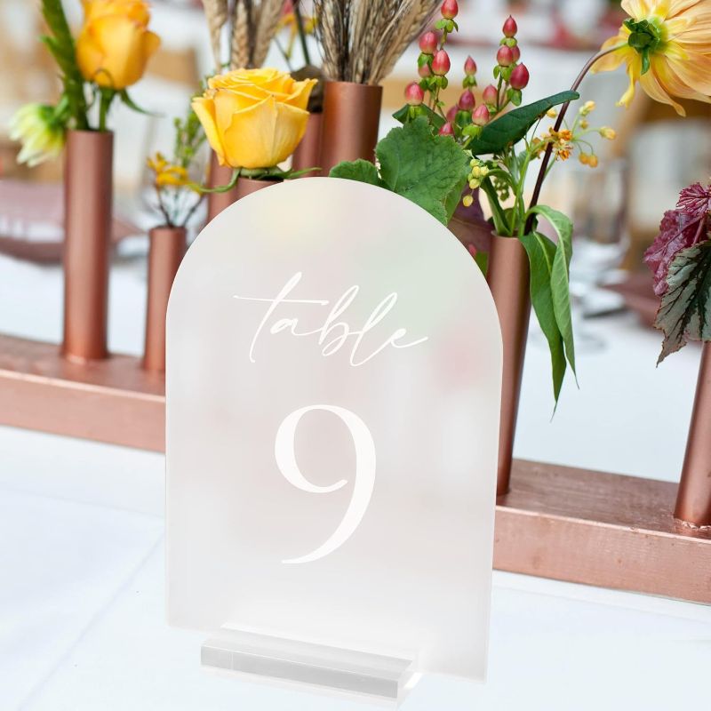 Photo 1 of KOSKIMER Frosted Arch Wedding Table Numbers with Stands (Arch 5x7 Frosted )