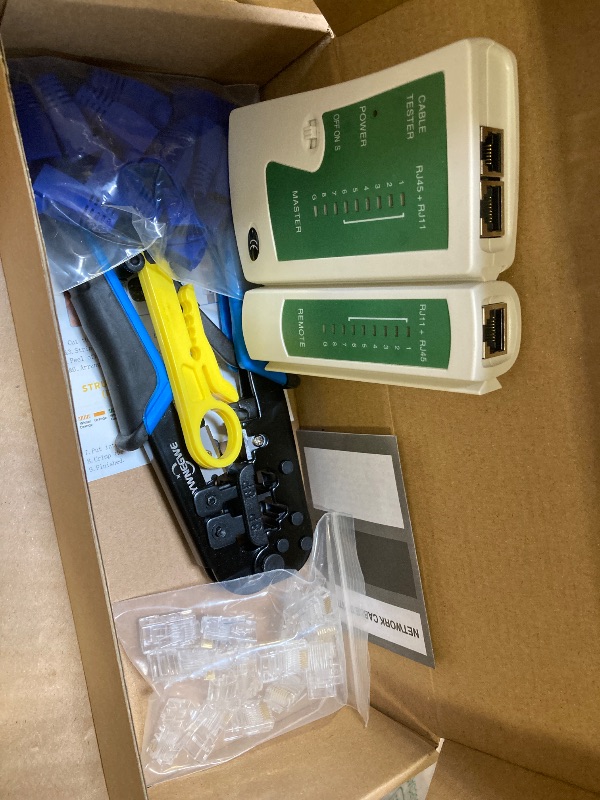 Photo 1 of RJ45 Crimping Tool Kit Ethernet Crimp Set, RJ-11, 6P/RJ-12, 8P/RJ-45 Crimp, Cut and Strip with 20PCS CAT5 CAT5e Connectors, Covers,1 Network Cable Tester 1 Wire Stripper