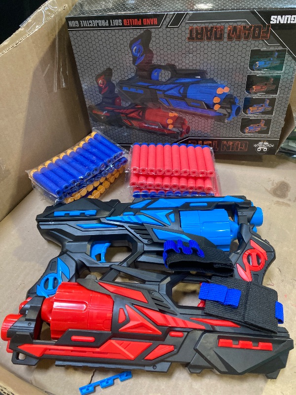 Photo 1 of POKONBOY 2 Pack Blaster Toy Guns for Boys Fit for Nerf Guns Darts, 6-Dart Rotating Barrel Foam Bullets Hand Gun Toys with 80 Refill Darts and 2 Wristbands Gifts for 6 7 8 9 10 Years Kids Christmas