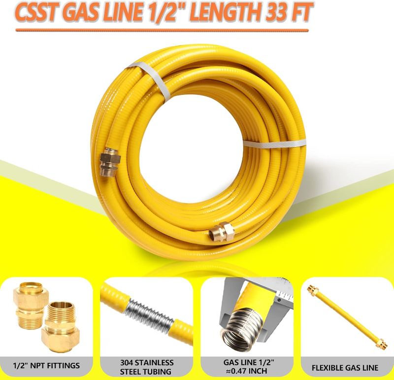 Photo 1 of Grehitk  1/2'' Flexible Gas Line, CSST Corrugated Stainless Steel Tubing Pipe Kit, Natural Gas Line Propane Pipe Conversion Kit Grill Hose with 2 Male Adapter Fittings (33ft 1/2'')