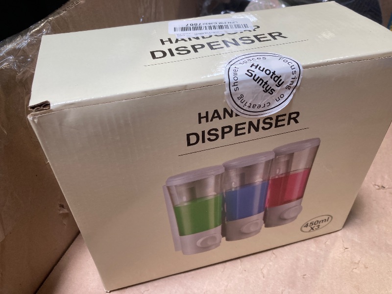 Photo 1 of Shampoo and Conditioner Dispenser No Drill Shower Soap Dispenser Wall Mounted Shower Dispenser 3 Chamber with Upgrade Smooth Pump Head Bathroom Body Wash Soap Dispenser Set 450ml*3 White