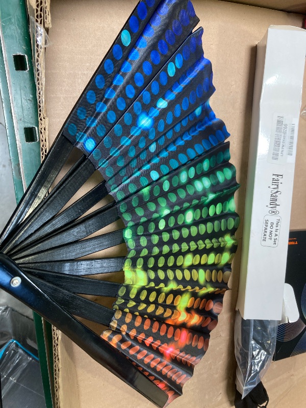 Photo 1 of FairySandy Large Rave Fan UV Glow Hand Fan with Holster for Men/women, Disco Party Favor for Edm Music Festival Club Rave Accessories(Neon)